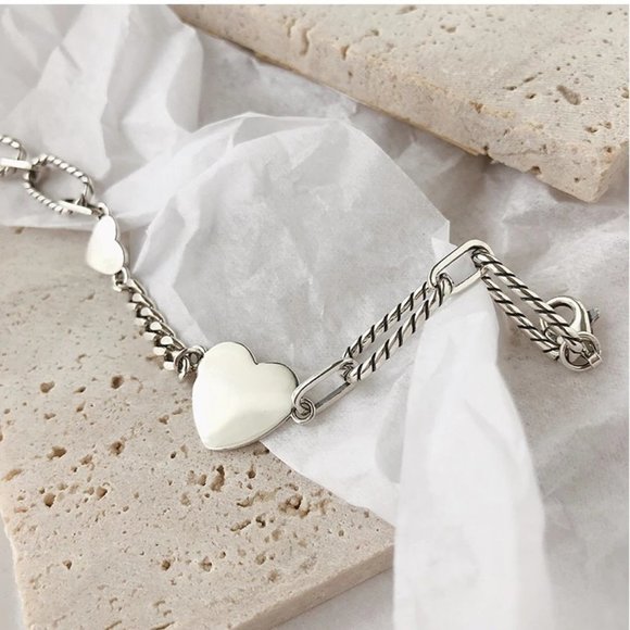 *NEW 925 Sterling Silver Heart Link Chain Bracelet - Picture 5 of 11